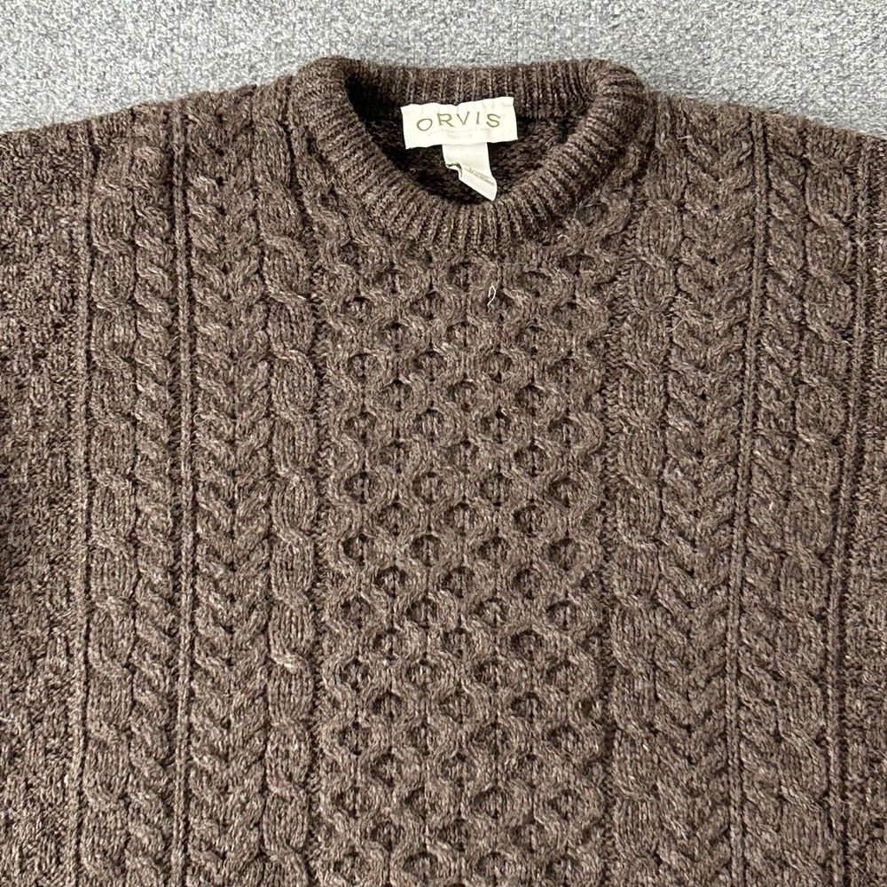 Orvis Sweater Mens Large‎ Brown Fishermans Wool Cable Knit Crewneck Ireland VTG